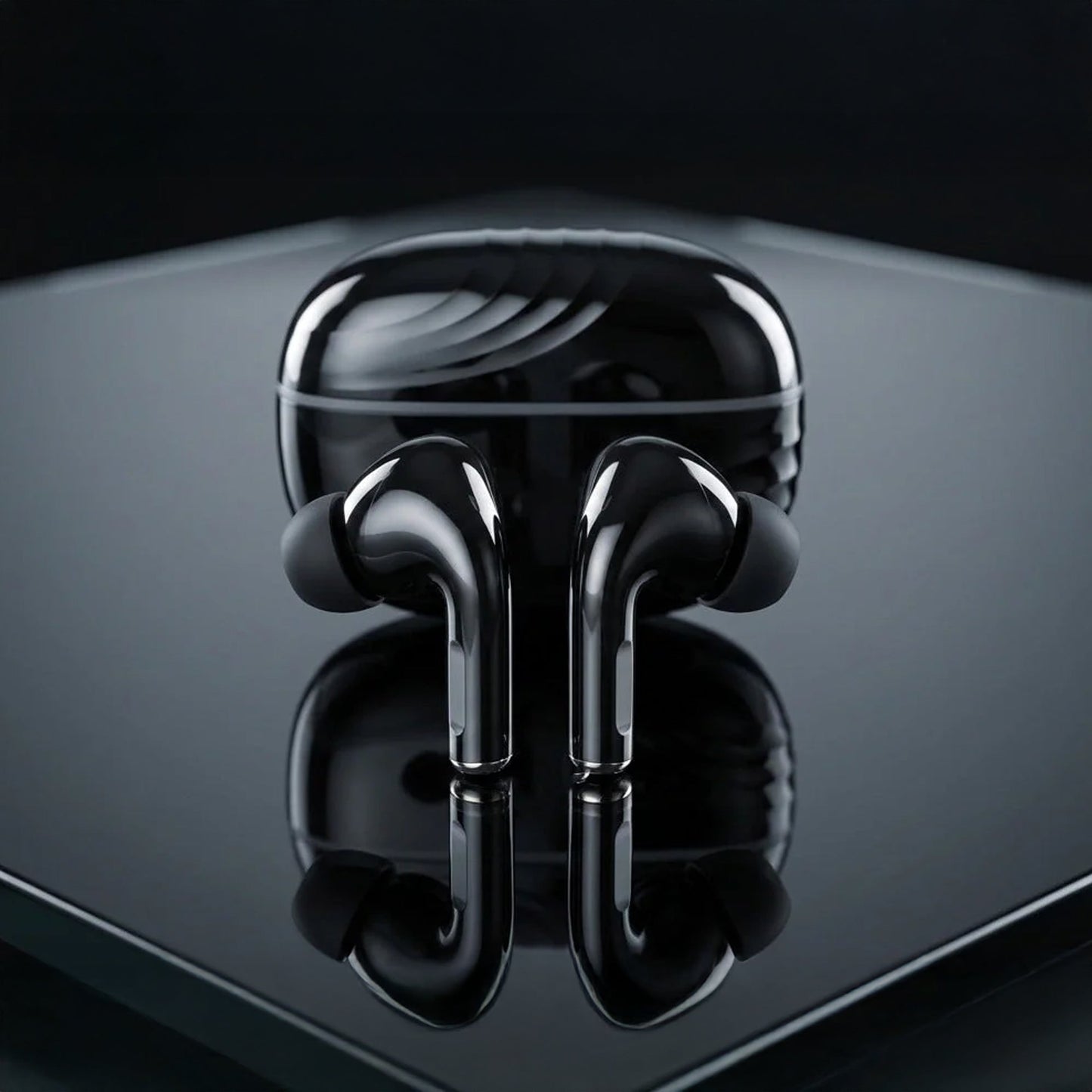 CTRL8 true wireless earbuds with deep bass and quad mic in pure black, paired with a sleek charging case