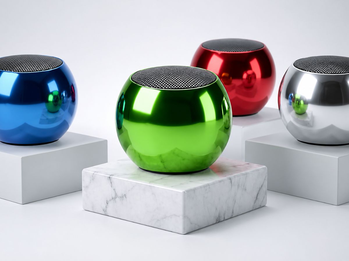 CTRL8 Mini Steel Wireless Speaker with sleek metallic design in green, blue, red, and silver variants