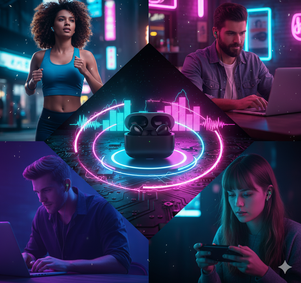 Users enjoying CTRL8 Wireless Airpods Pro 2-UB true wireless earbuds for fitness, gaming, and work in vibrant settings