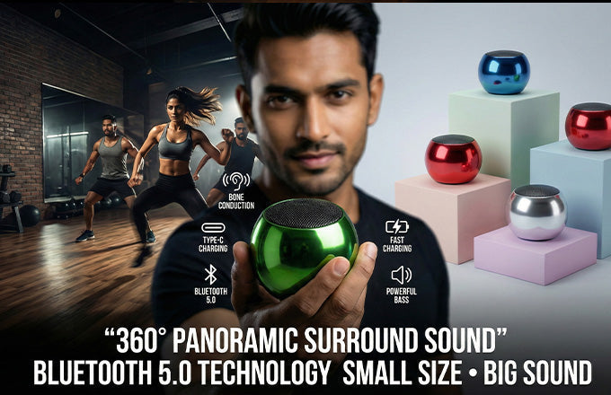 Fitness enthusiast holding CTRL8 Mini Steel Wireless Speaker with Bluetooth 5.0 technology and powerful bass