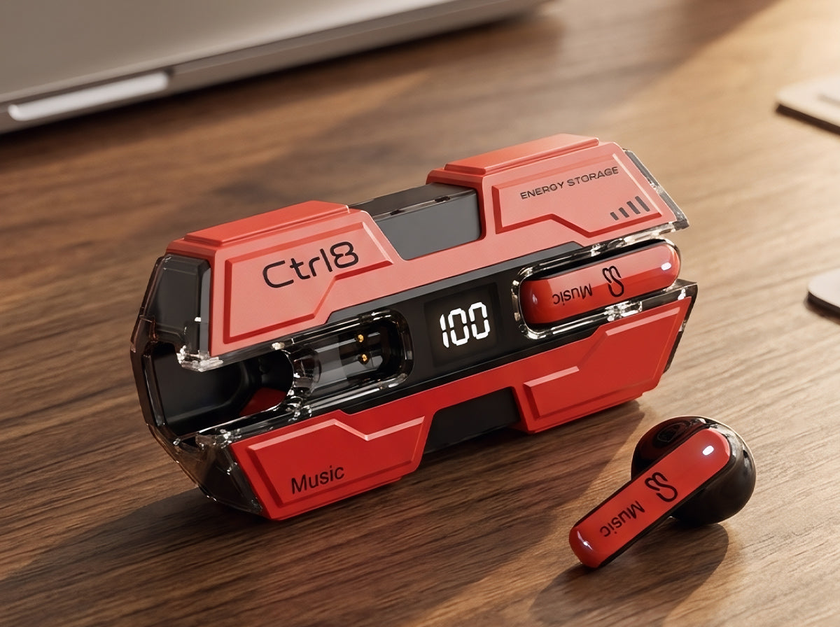 CTRL8 K8 true wireless earbuds in red featuring energy storage case with digital display and sleek design
