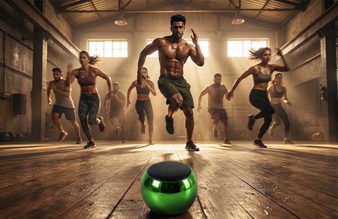 Group workout session with CTRL8 Mini Steel Wireless Speaker providing powerful sound in a gym setting