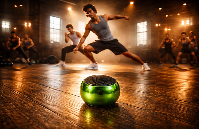 Group fitness class with CTRL8 Mini Steel Wireless Speaker delivering dynamic sound in a vibrant green finish