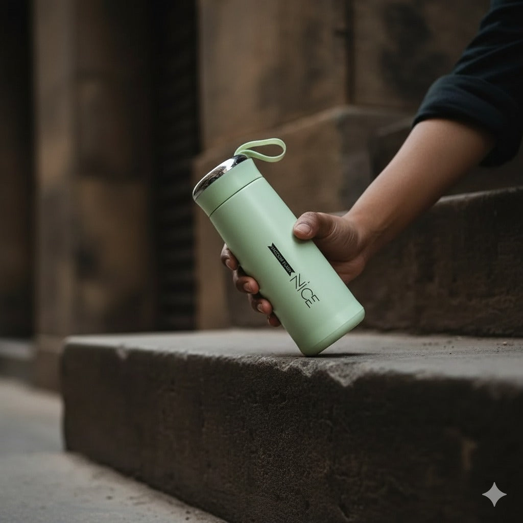Person holding a leak-proof glass water bottle with silicone protective sleeve in pastel green by The Elite Shop