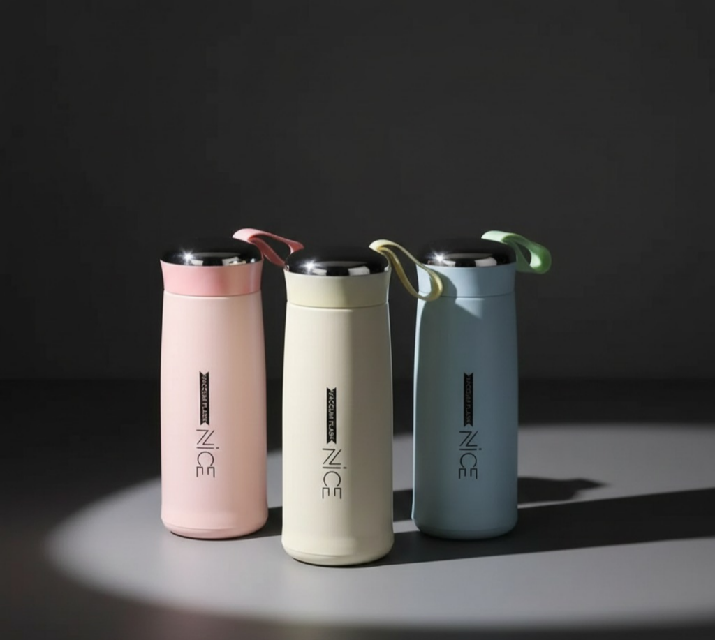 Leak-proof glass water bottles with silicone protective sleeves in pastel pink, cream, and blue variants by The Elite Shop