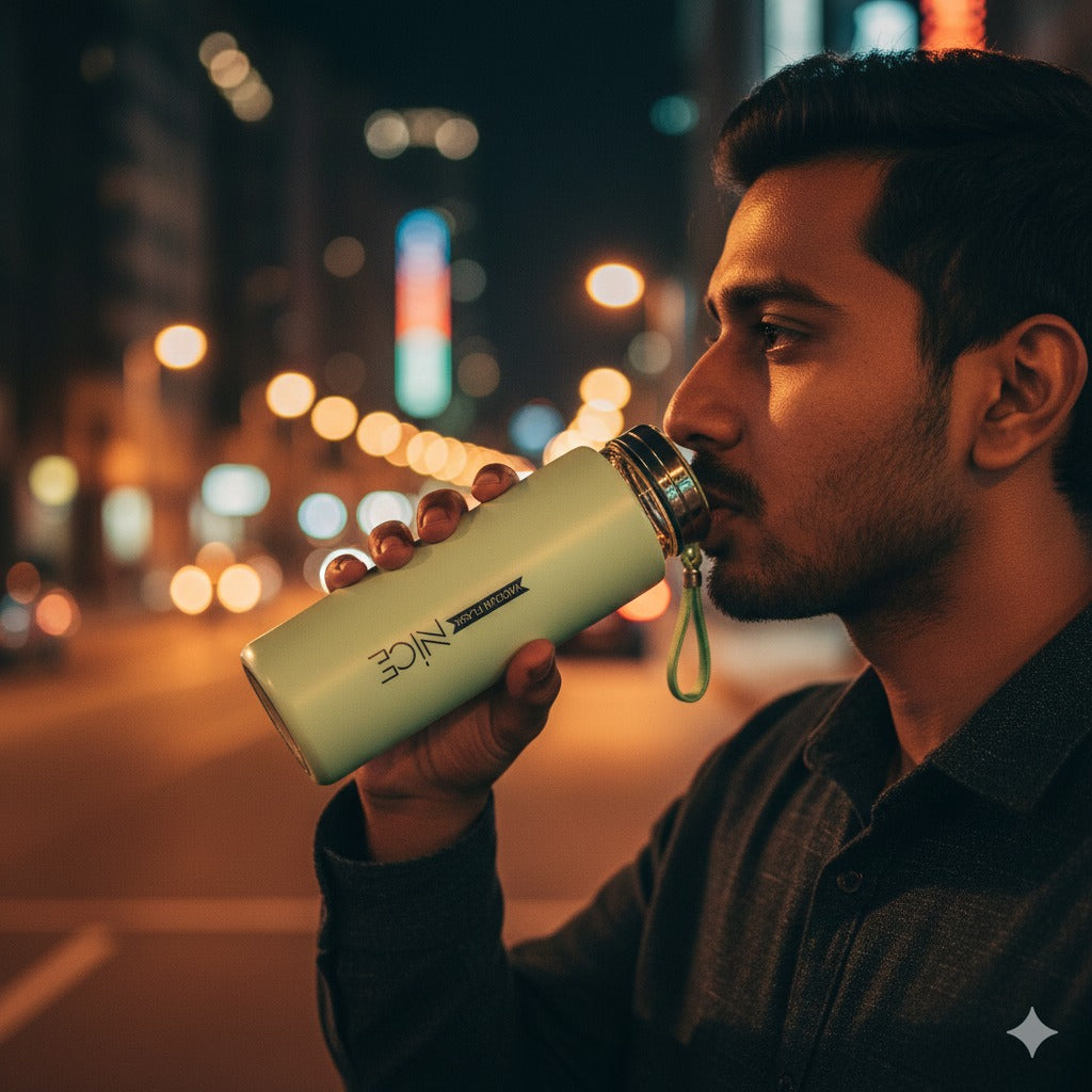 Person drinking from a leak-proof glass water bottle with silicone protective sleeve in pastel green during nighttime city stroll by The Elite Shop