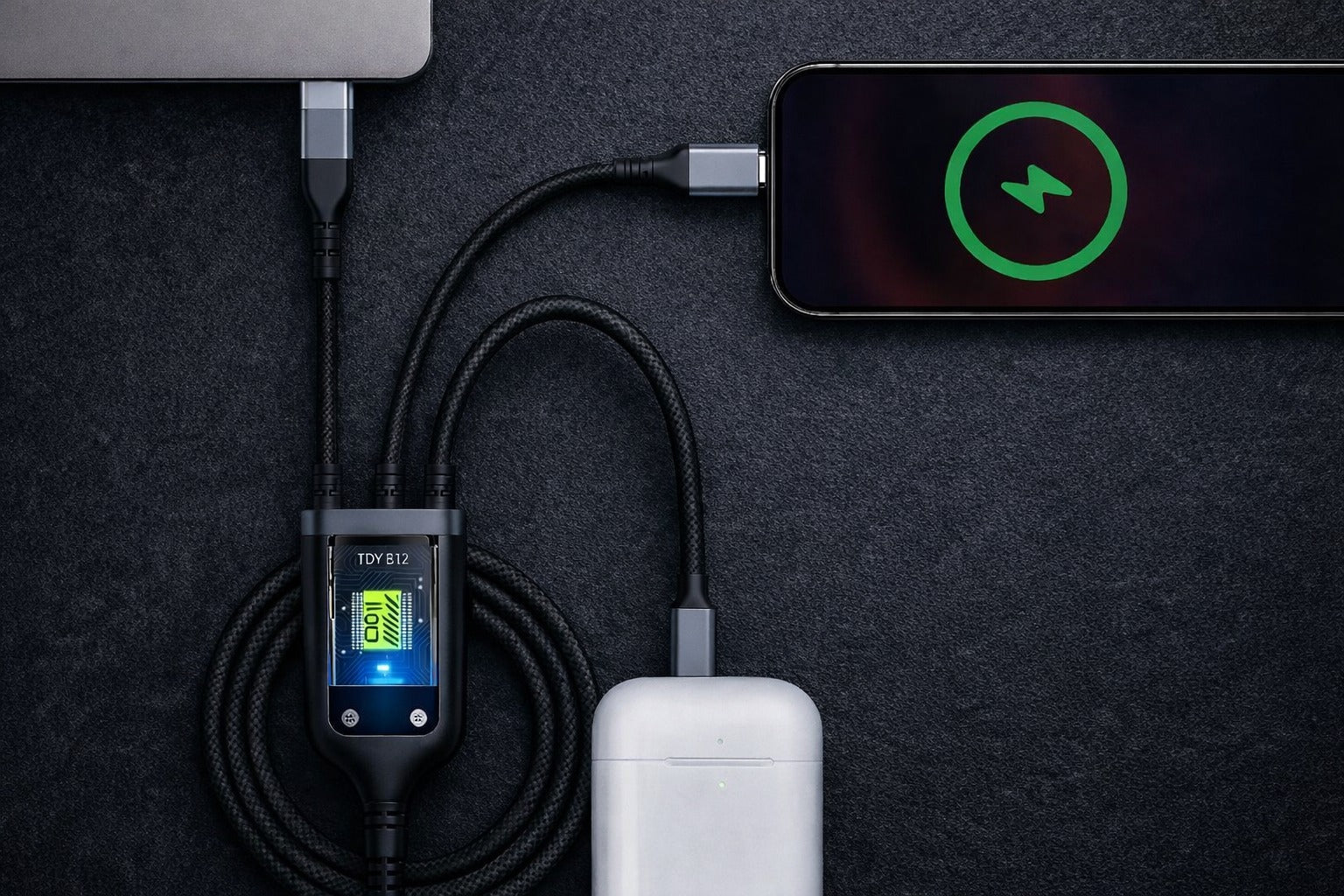 CTRL8 3-in-1 fast charging cable powering a smartphone, laptop, and earbuds with nylon braided durability and 3A output