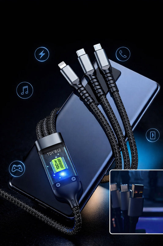 CTRL8 3-in-1 fast charging cable with nylon braided design and illuminated 3A output indicator