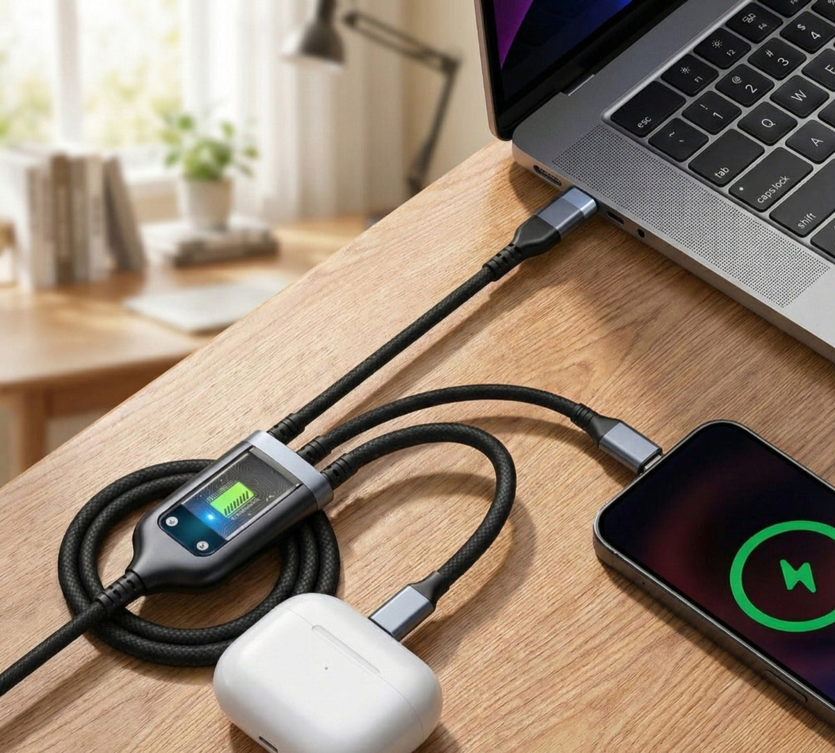 CTRL8 3-in-1 fast charging cable connecting multiple devices, including a laptop and smartphone, in a workspace setup