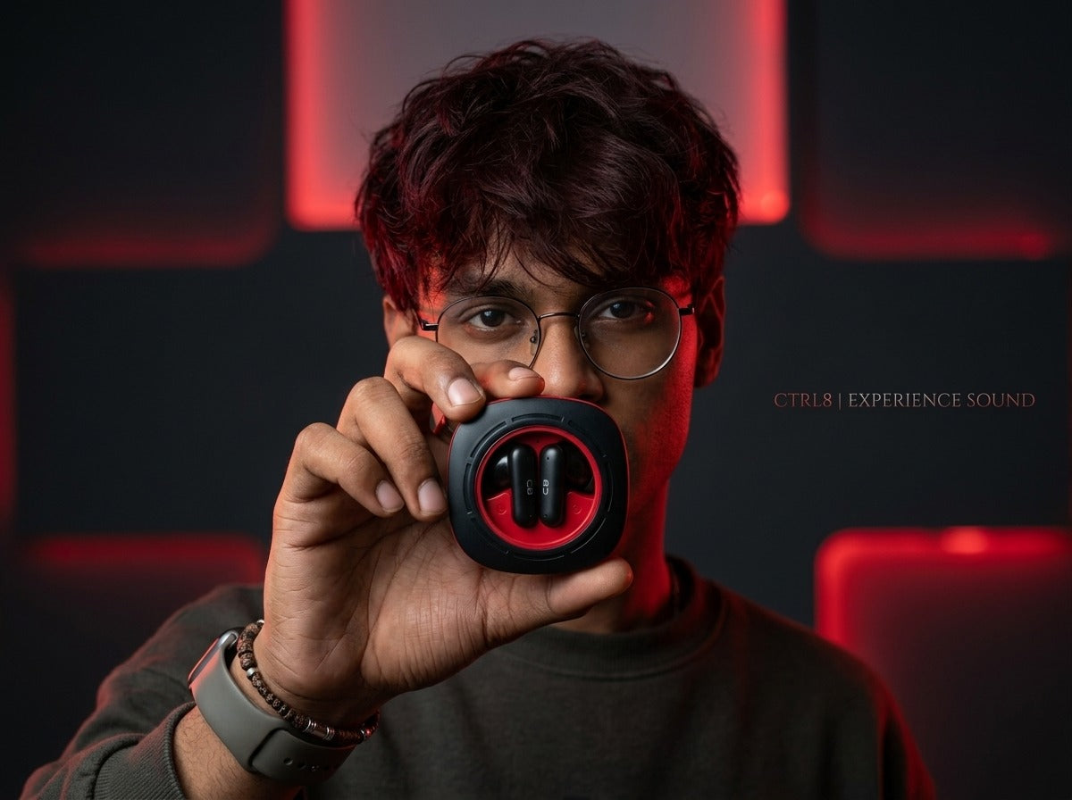 A user holding the CTRL8 K7 true wireless earbuds against a modern red-lit backdrop, highlighting AI ENC-P technology.