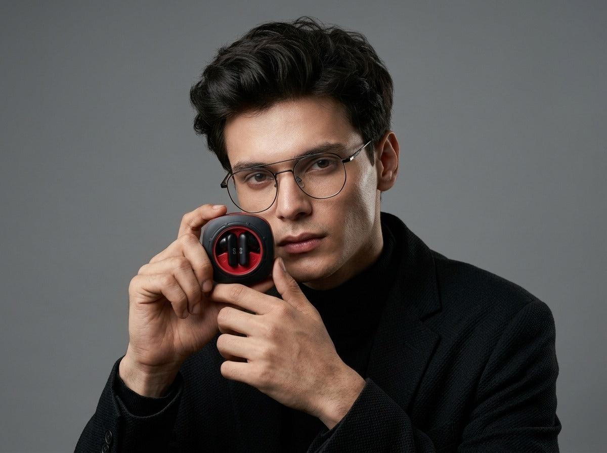 A user holding CTRL8 K7 true wireless earbuds in a sleek charging case, showcasing modern design and AI ENC-P technology.