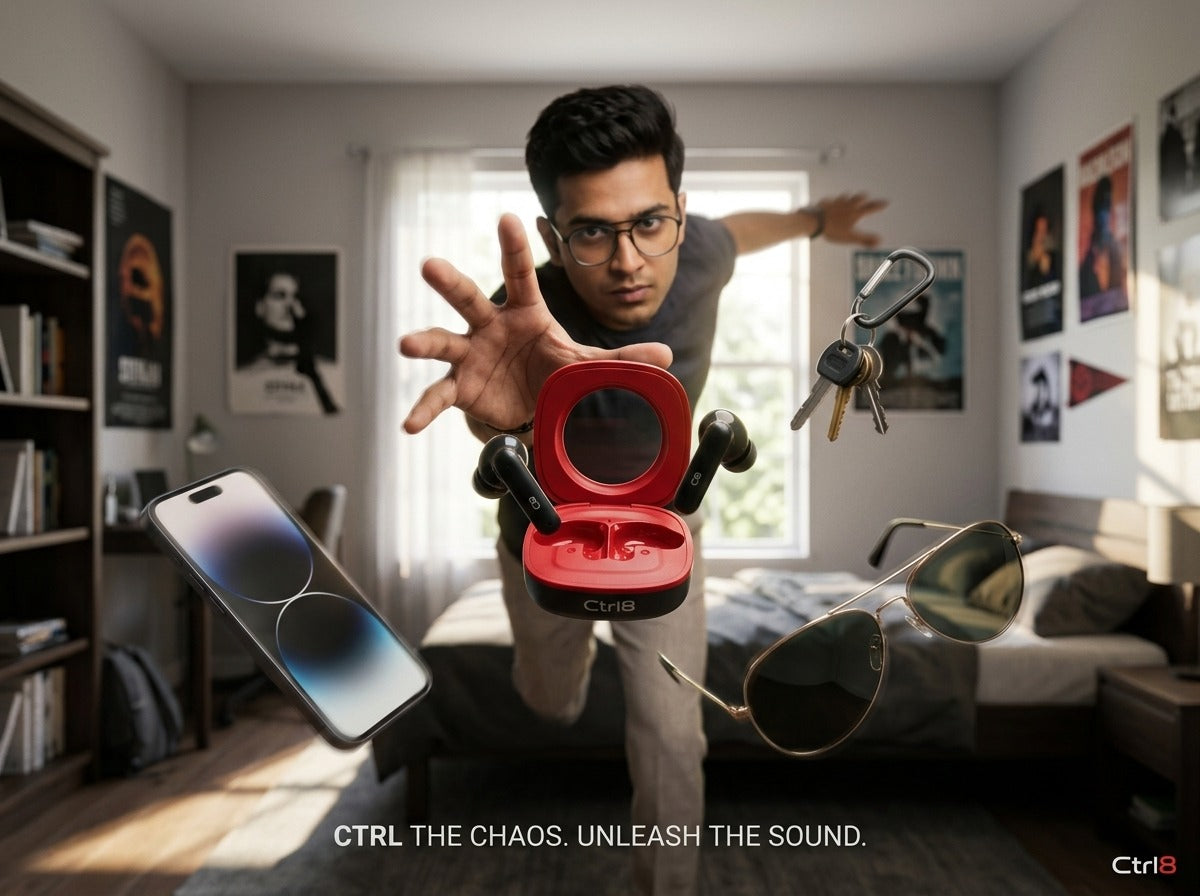 A user in a dynamic action pose with CTRL8 K7 true wireless earbuds in a red charging case, ideal for active lifestyles.
