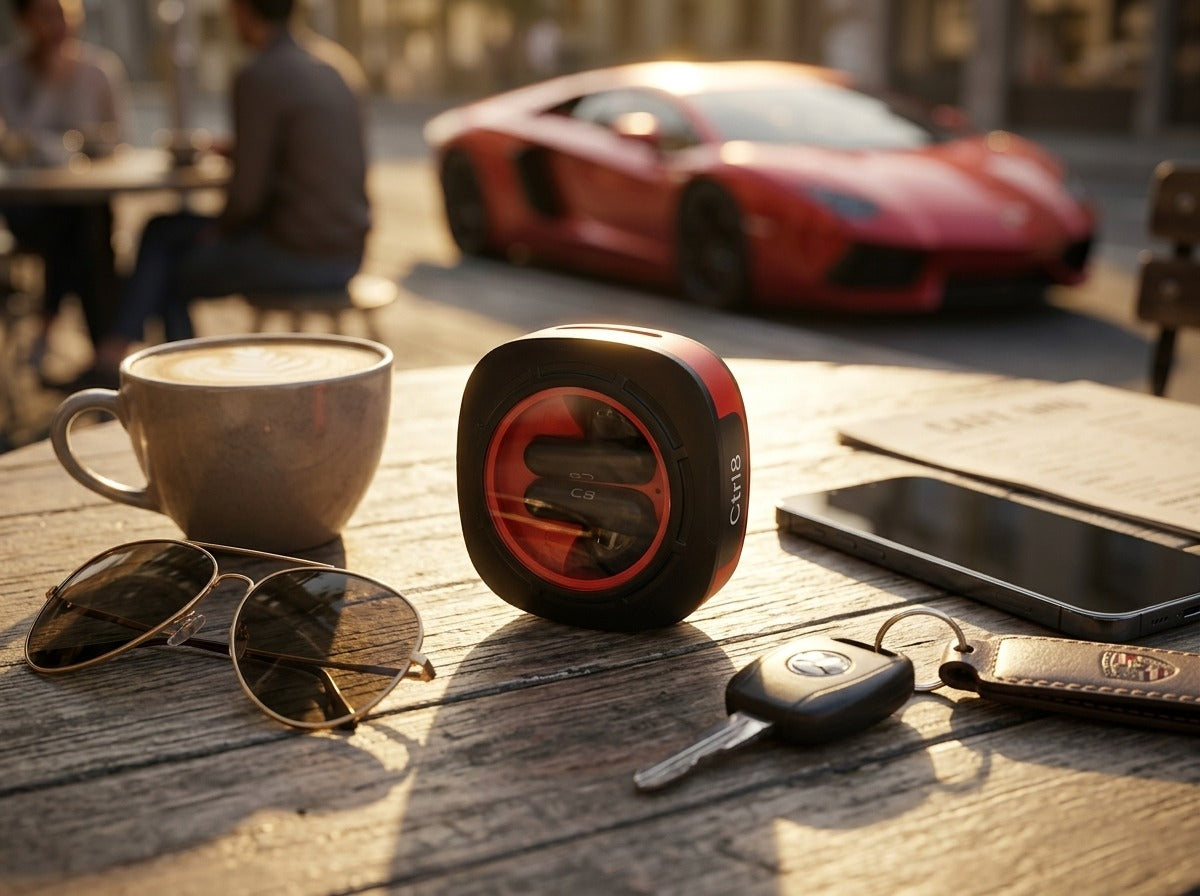 CTRL8 K7 true wireless earbuds showcased in a stylish black and red case on a cafe table with a luxury car in the background