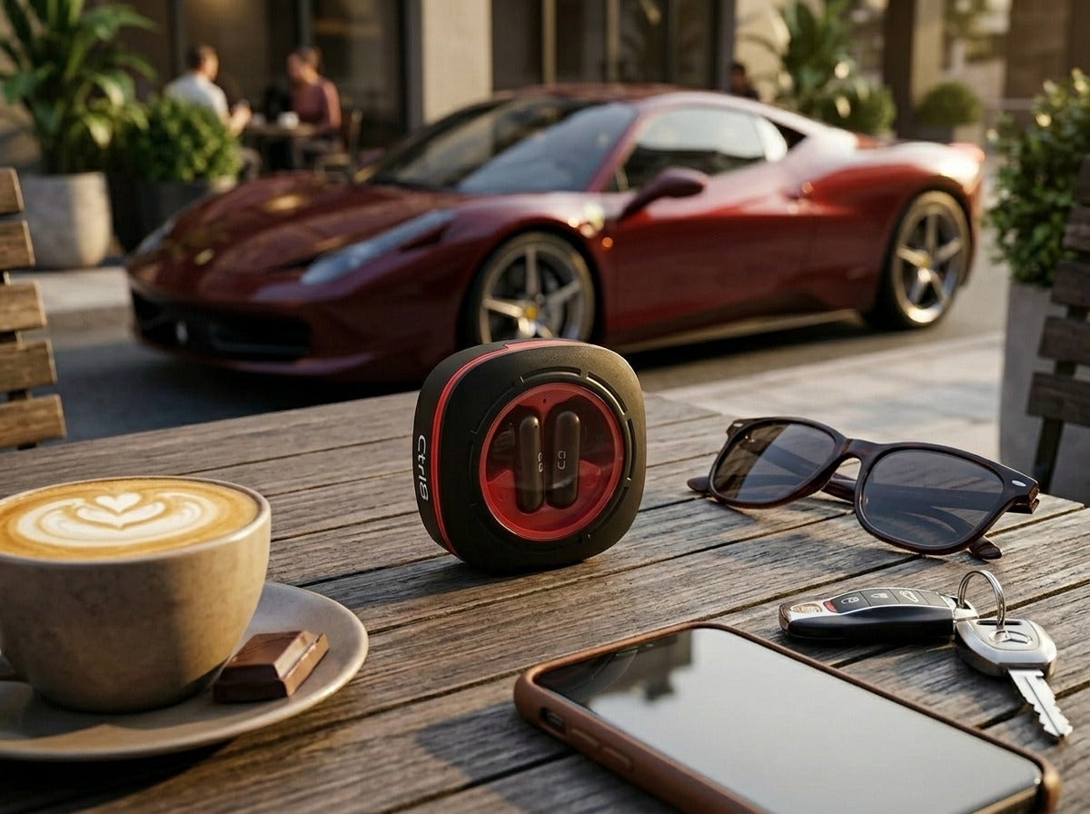 CTRL8 K7 true wireless earbuds with AI ENC-P in a sleek charging case placed on a cafe table with a coffee cup, phone, and car keys, ideal for casual outings.