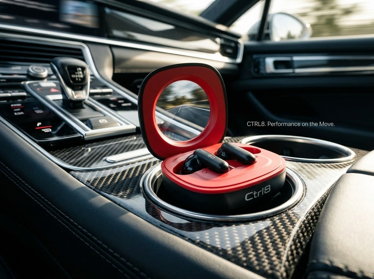 CTRL8 K7 true wireless earbuds in black and red case placed inside a luxury car for on-the-go performance