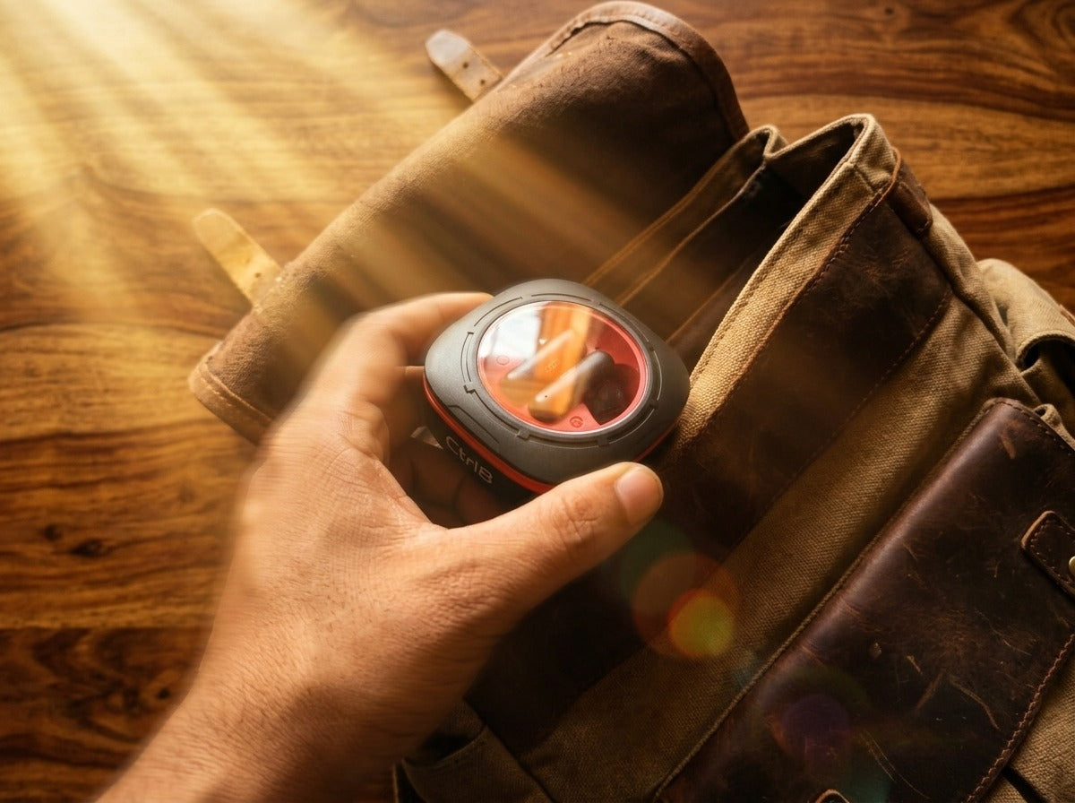 A user placing CTRL8 K7 true wireless earbuds with AI ENC-P in a sleek charging case into a leather bag, ideal for travel or daily use.