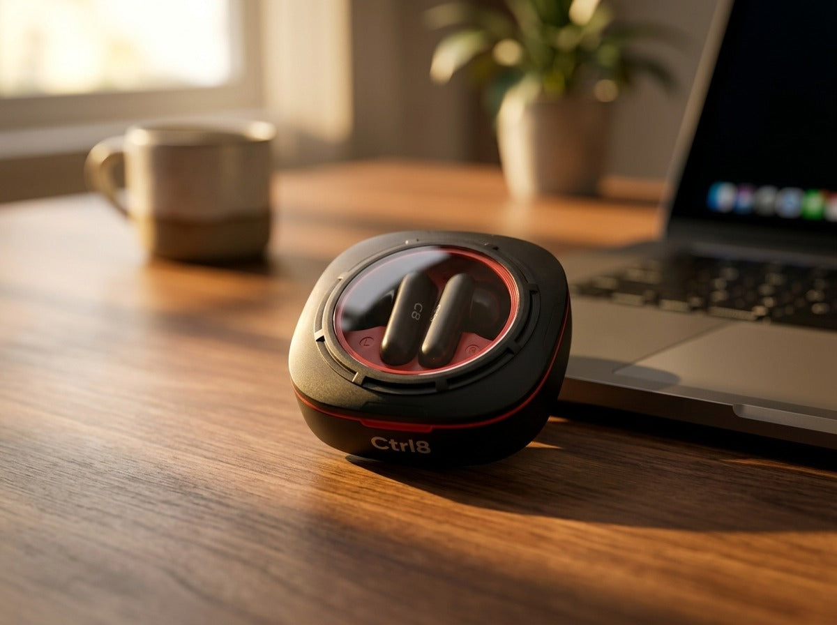 CTRL8 K7 true wireless earbuds with AI ENC-P in a stylish charging case placed on a wooden desk near a laptop, ideal for productivity.