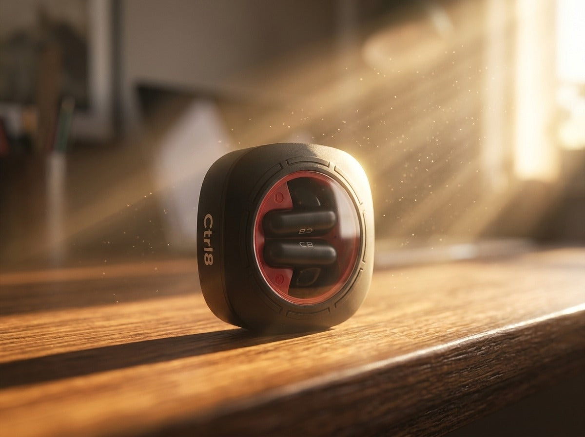 CTRL8 K7 true wireless earbuds with AI ENC-P in a sleek charging case illuminated by warm sunlight on a wooden table, ideal for home or casual use.