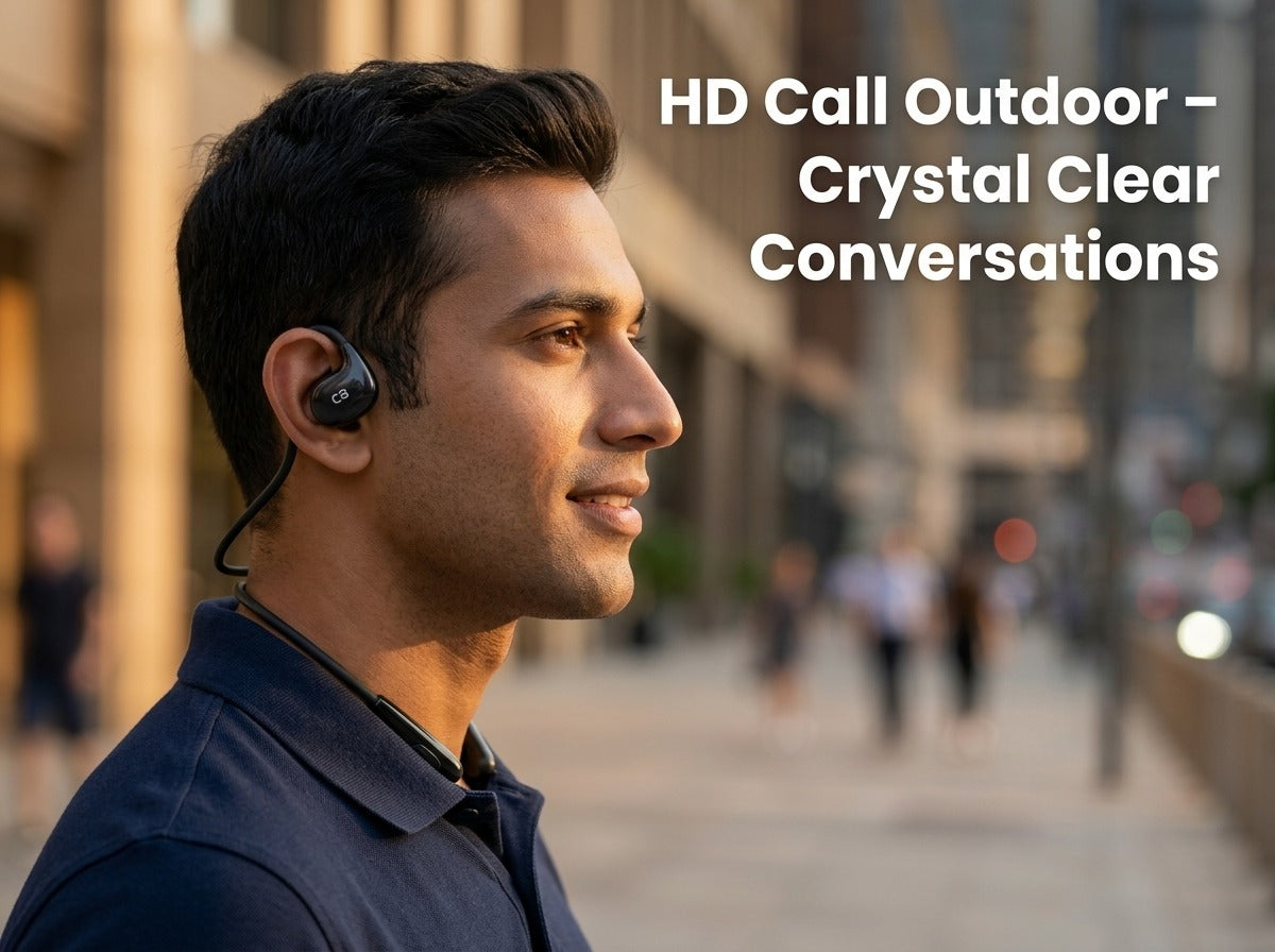 Person using CTRL8 VV4 Air Bone Conduction Neckband for outdoor HD calls and crystal-clear conversations