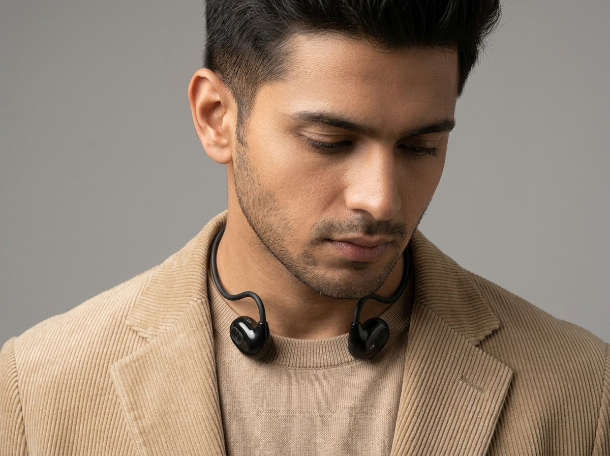 User wearing CTRL8 VV4 Air Bone Conduction Neckband for hands-free calls and music playback