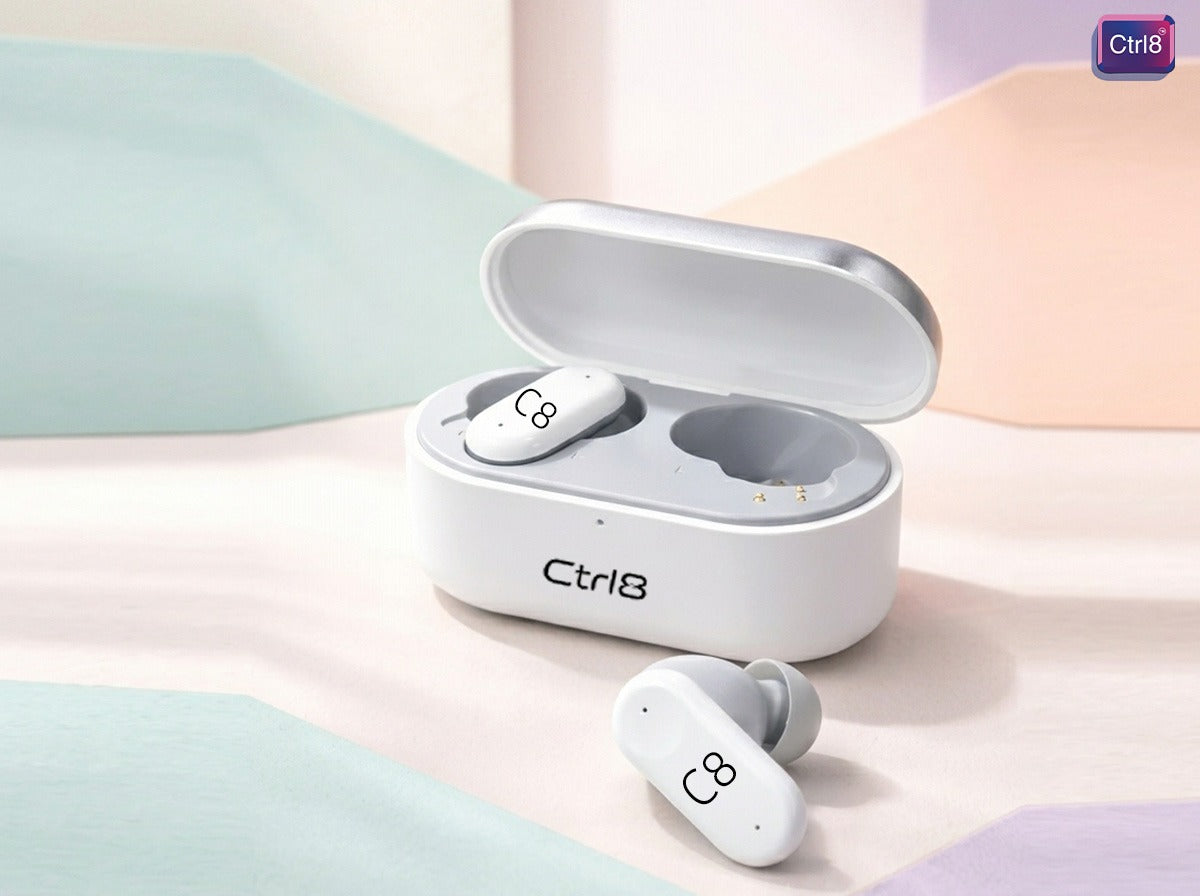 CTRL8 2R true wireless stereo earbuds with sleek design and charging case in white