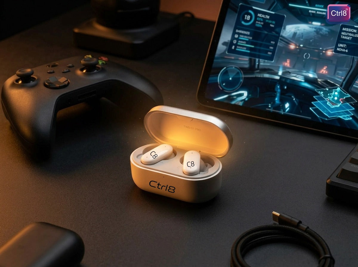Gaming setup featuring CTRL8 2R true wireless stereo earbuds with charging case, ideal for low latency audio
