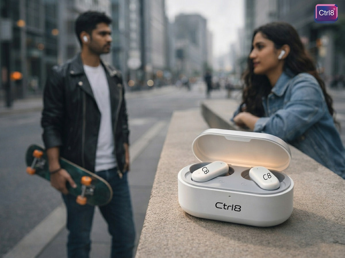 Urban users enjoying music with CTRL8 2R true wireless stereo earbuds in white, featuring low latency audio