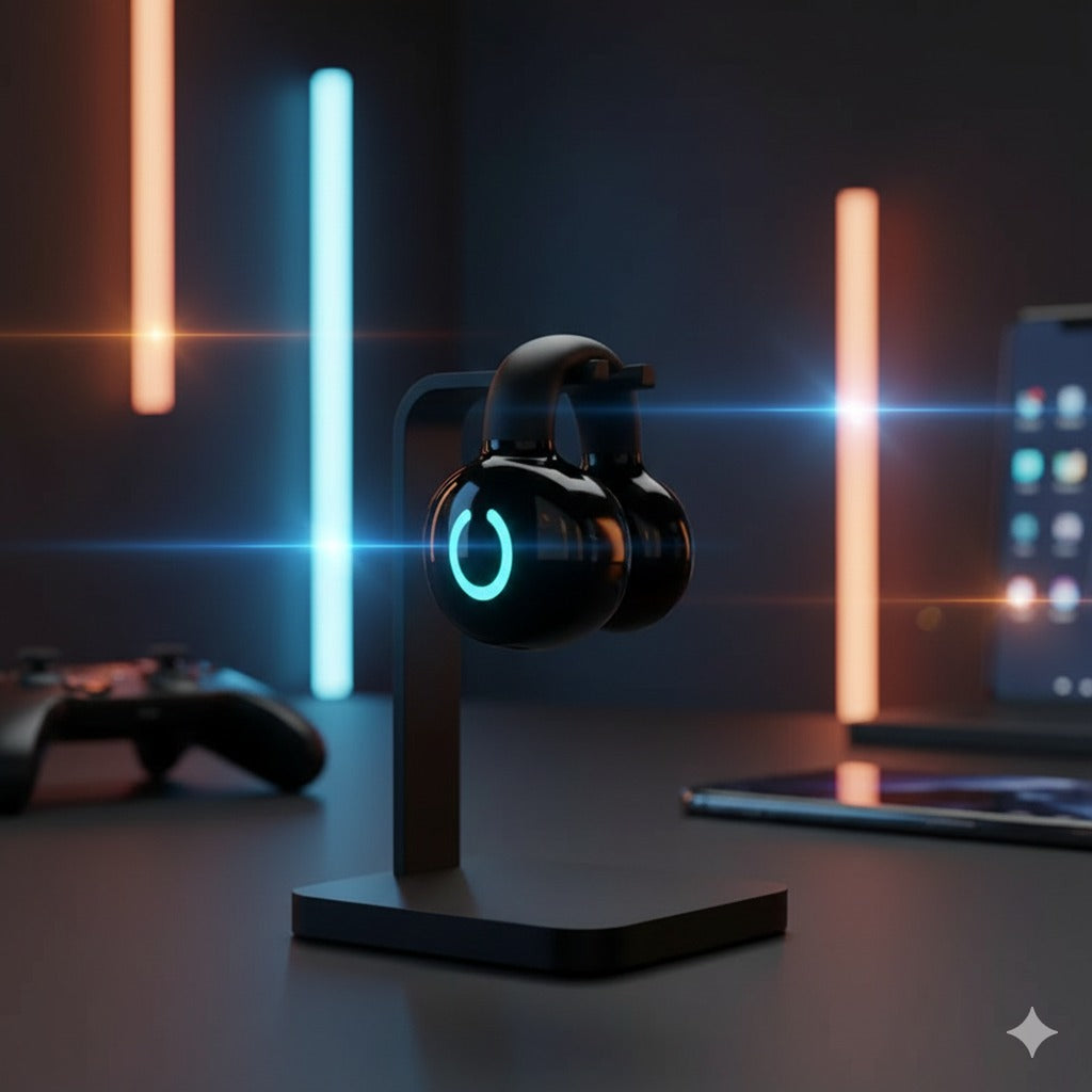 CTRL8 bone conduction single ear clip showcased in a gaming setup with glowing LED indicator