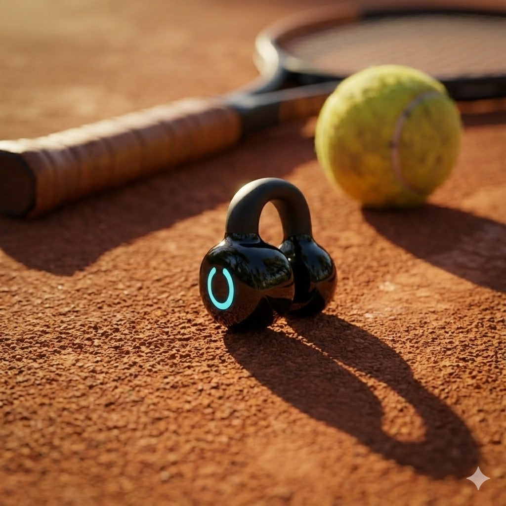 CTRL8 bone conduction single ear clip placed on a tennis court, ideal for sports and outdoor use