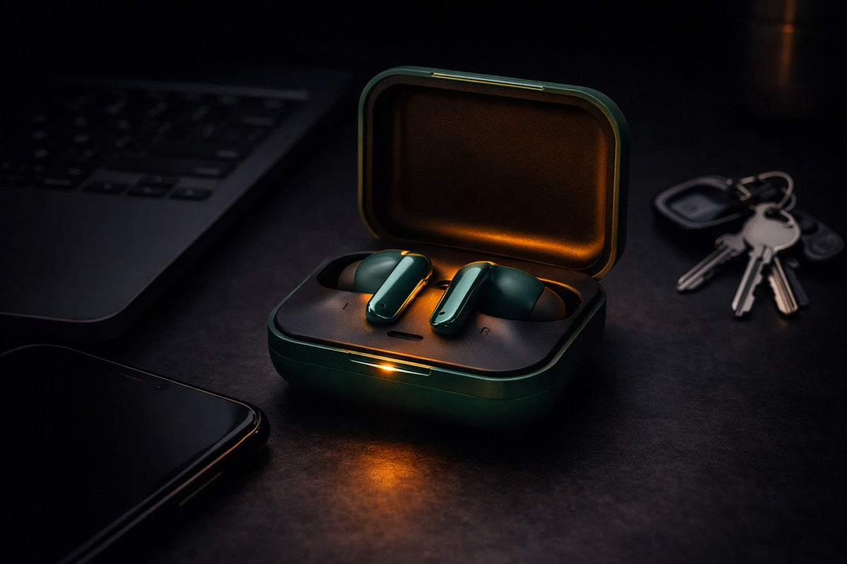 CTRL8 Buds Air 7 Pro true wireless earbuds in green, showcased with charging case in a modern workspace