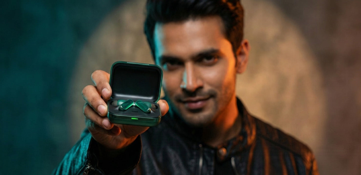 Person holding CTRL8 Buds Air 7 Pro true wireless earbuds with charging case, highlighting sleek green design