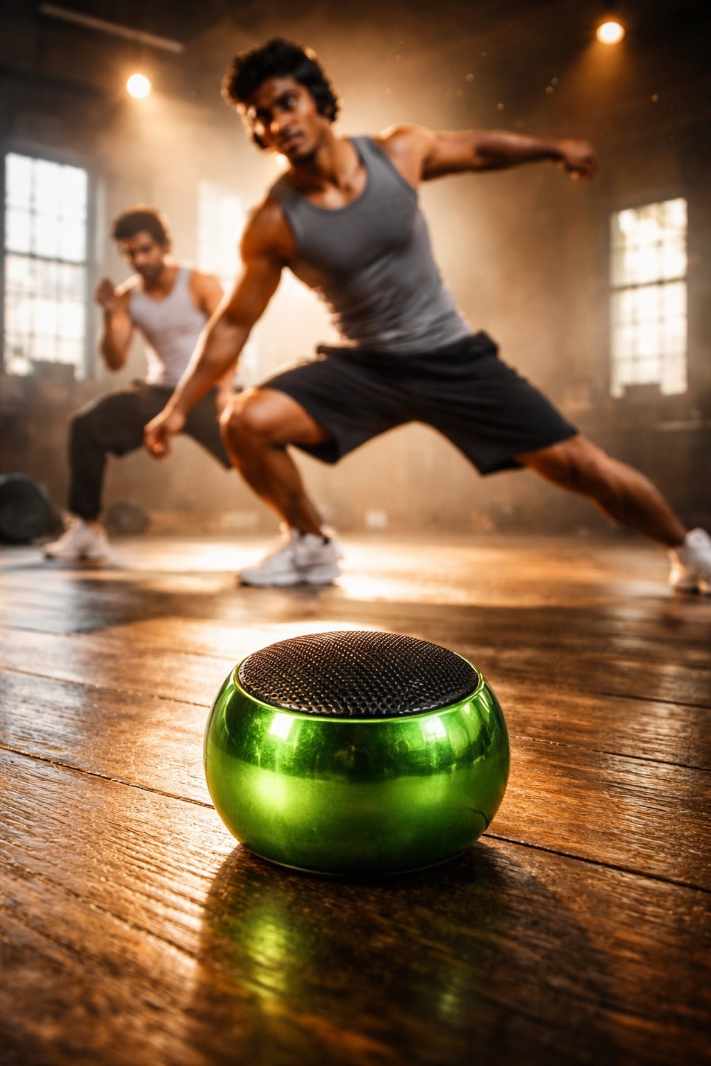 Fitness enthusiasts exercising with CTRL8 Mini Steel Wireless Speaker delivering immersive sound in a vibrant green finish