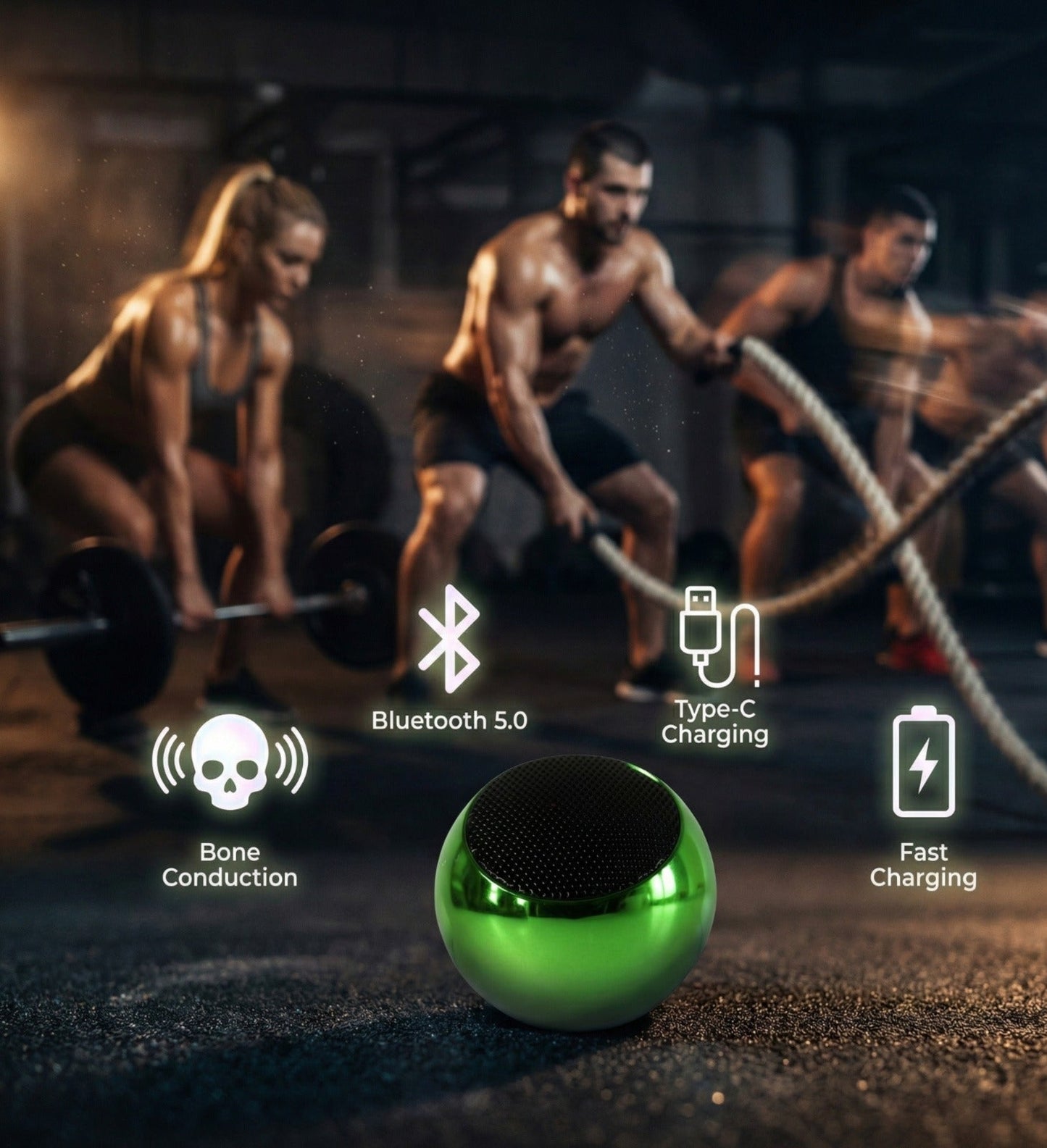 CTRL8 Mini Steel Wireless Speaker featuring Bluetooth 5.0, bone conduction, Type-C charging, and fast charging in vibrant green finish