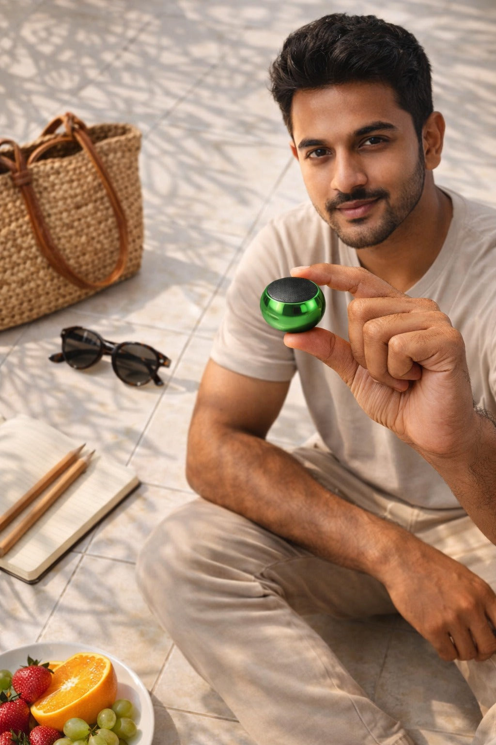 Outdoor enthusiast holding CTRL8 Mini Steel Wireless Speaker in vibrant green during a picnic setup