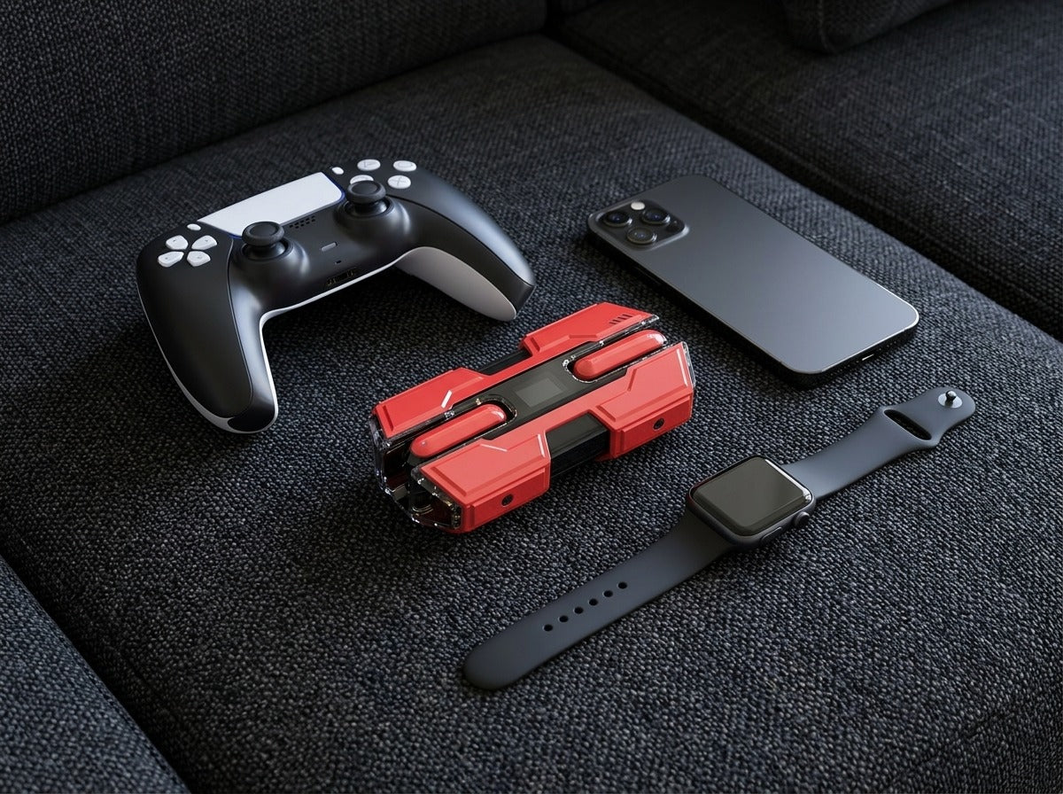 CTRL8 K8 true wireless earbuds in red paired with gaming controller, smartwatch, and smartphone on a sofa
