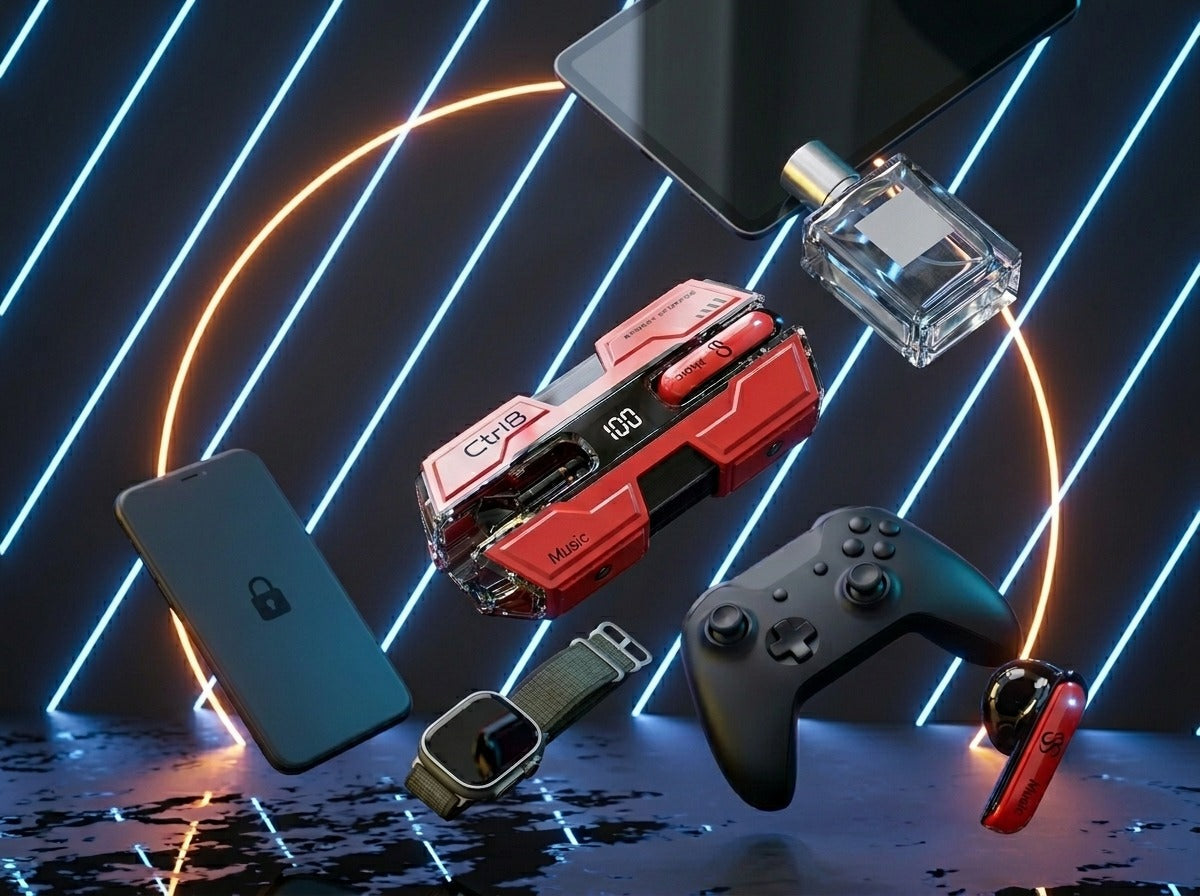 CTRL8 K8 true wireless earbuds showcased with gaming accessories and tech gadgets in a vibrant setup