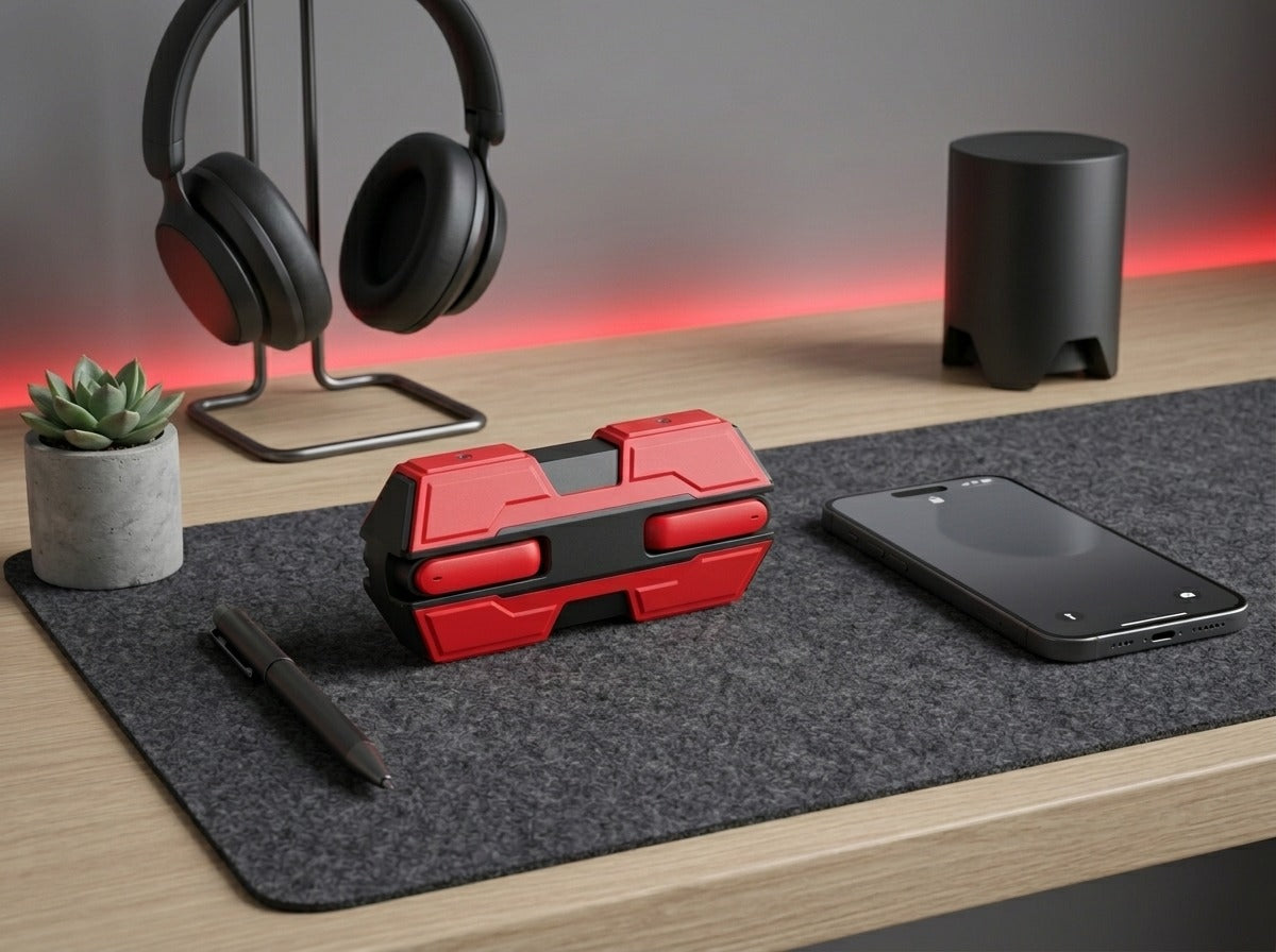 CTRL8 K8 true wireless earbuds in red placed on a desk with headphones, smartphone, and modern decor