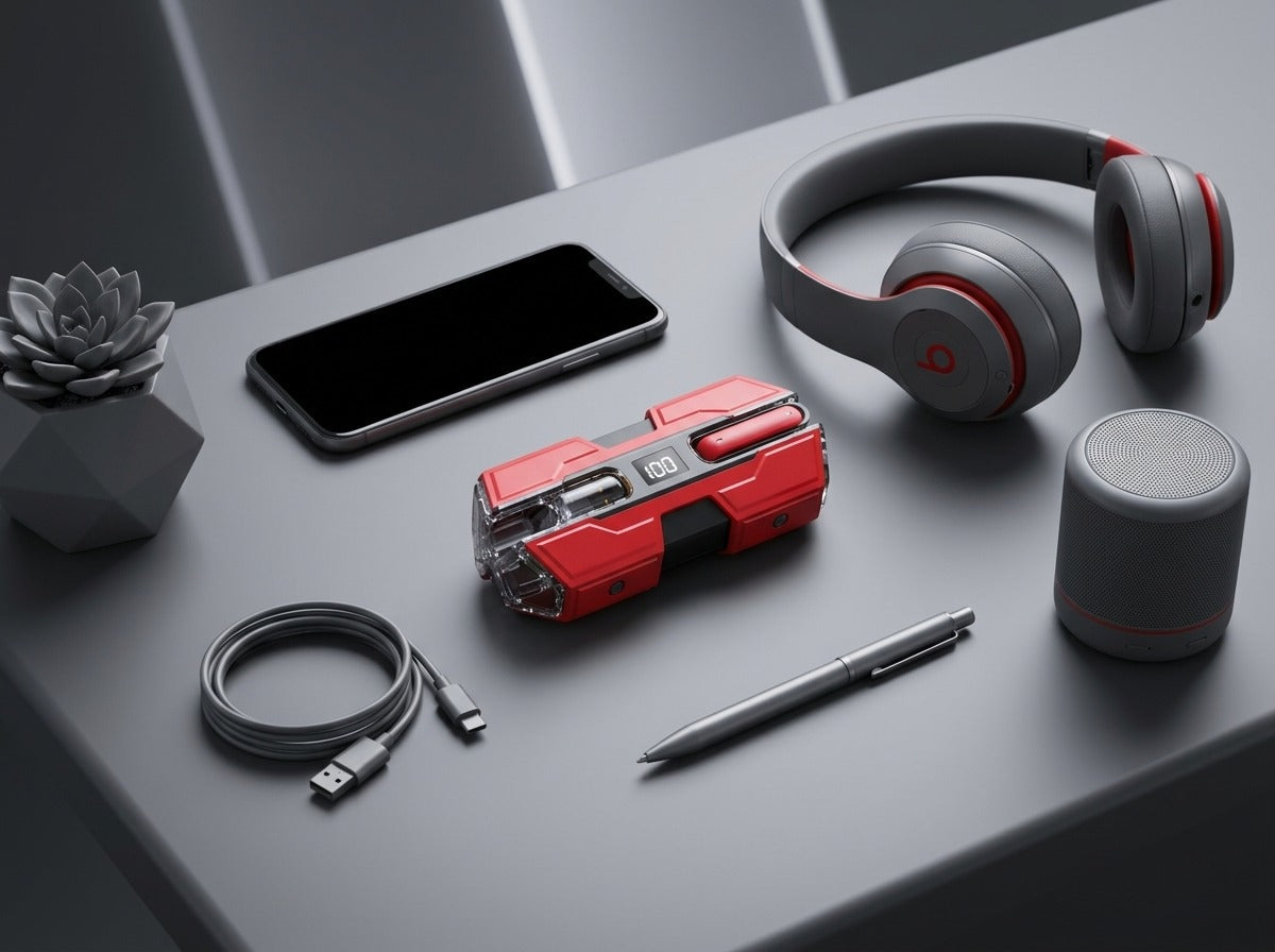 CTRL8 K8 true wireless earbuds in red displayed alongside headphones, smartphone, speaker, and desk accessories