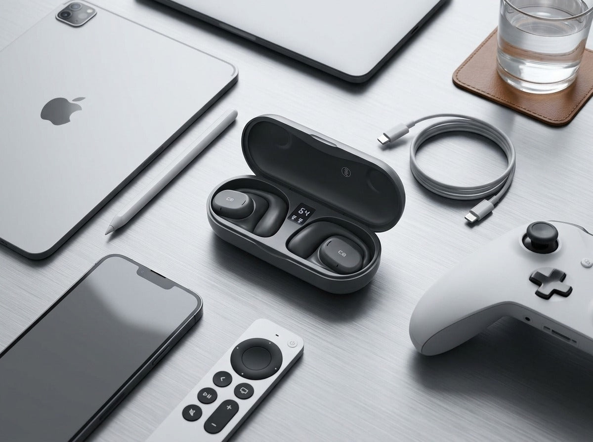 CTRL8 X29 open-ear headphones with charging case placed among tech accessories for a modern workspace setup