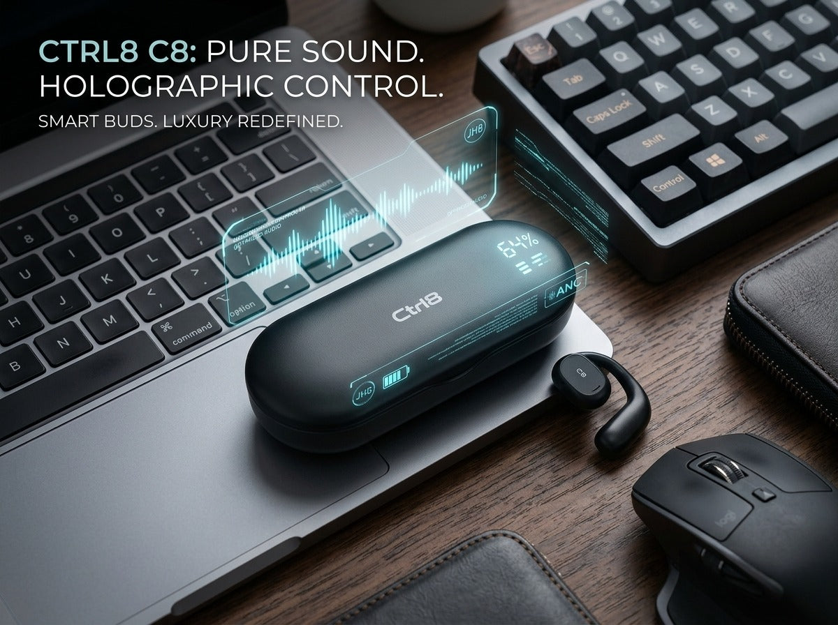 CTRL8 X29 open-ear headphones featuring holographic sound control and ANC technology with charging case