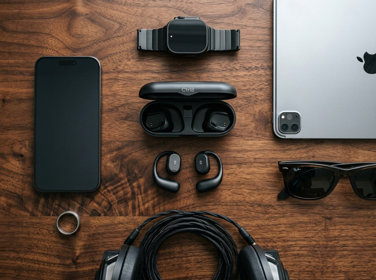 CTRL8 X29 open-ear headphones with charging case placed among premium gadgets for a stylish audio setup