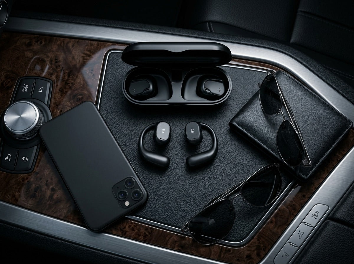 CTRL8 X29 open-ear headphones with charging case placed on a car console alongside sunglasses and a smartphone for on-the-go audio