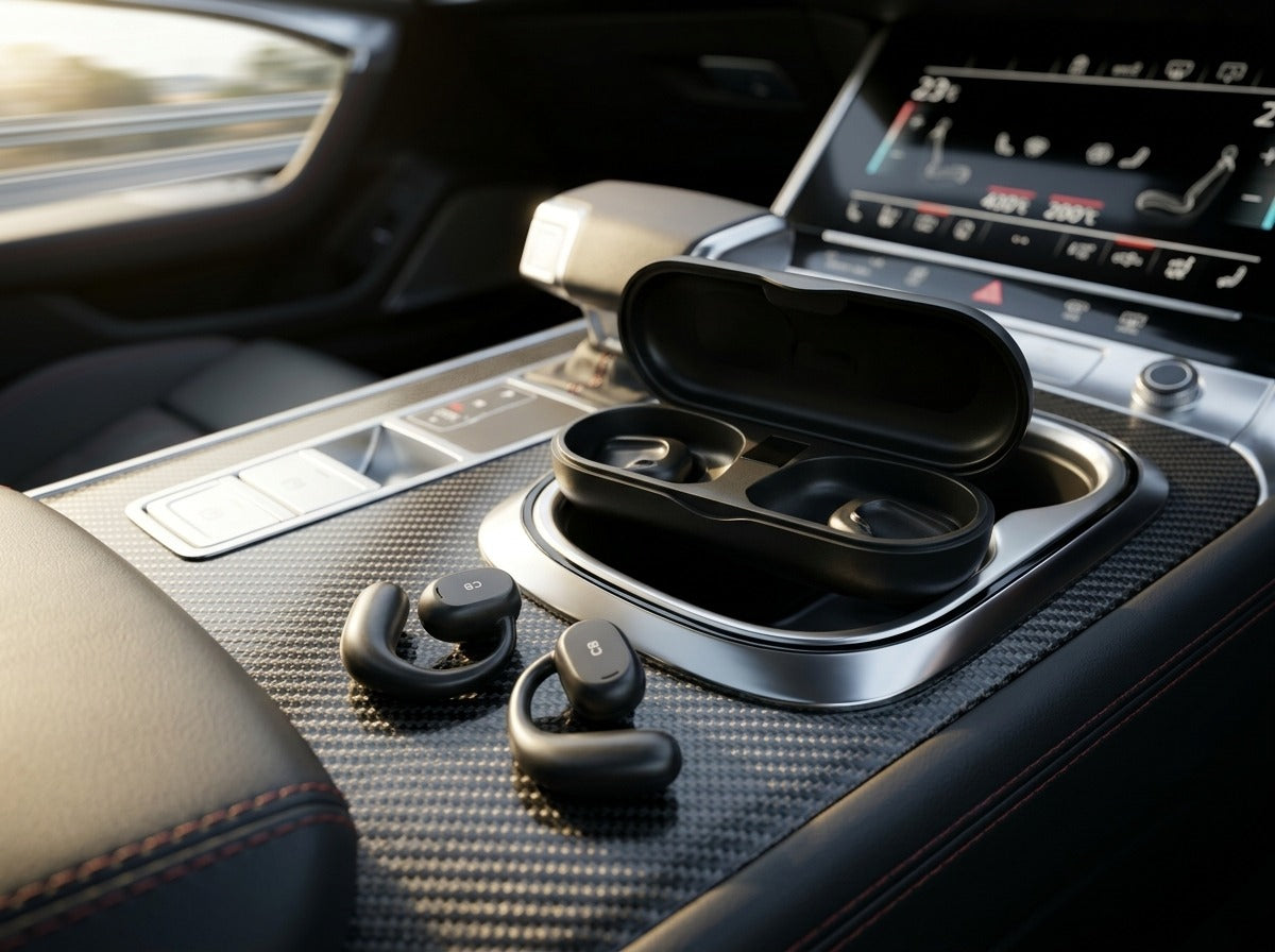 CTRL8 X29 open-ear headphones with charging case placed on a car console for seamless audio during travel