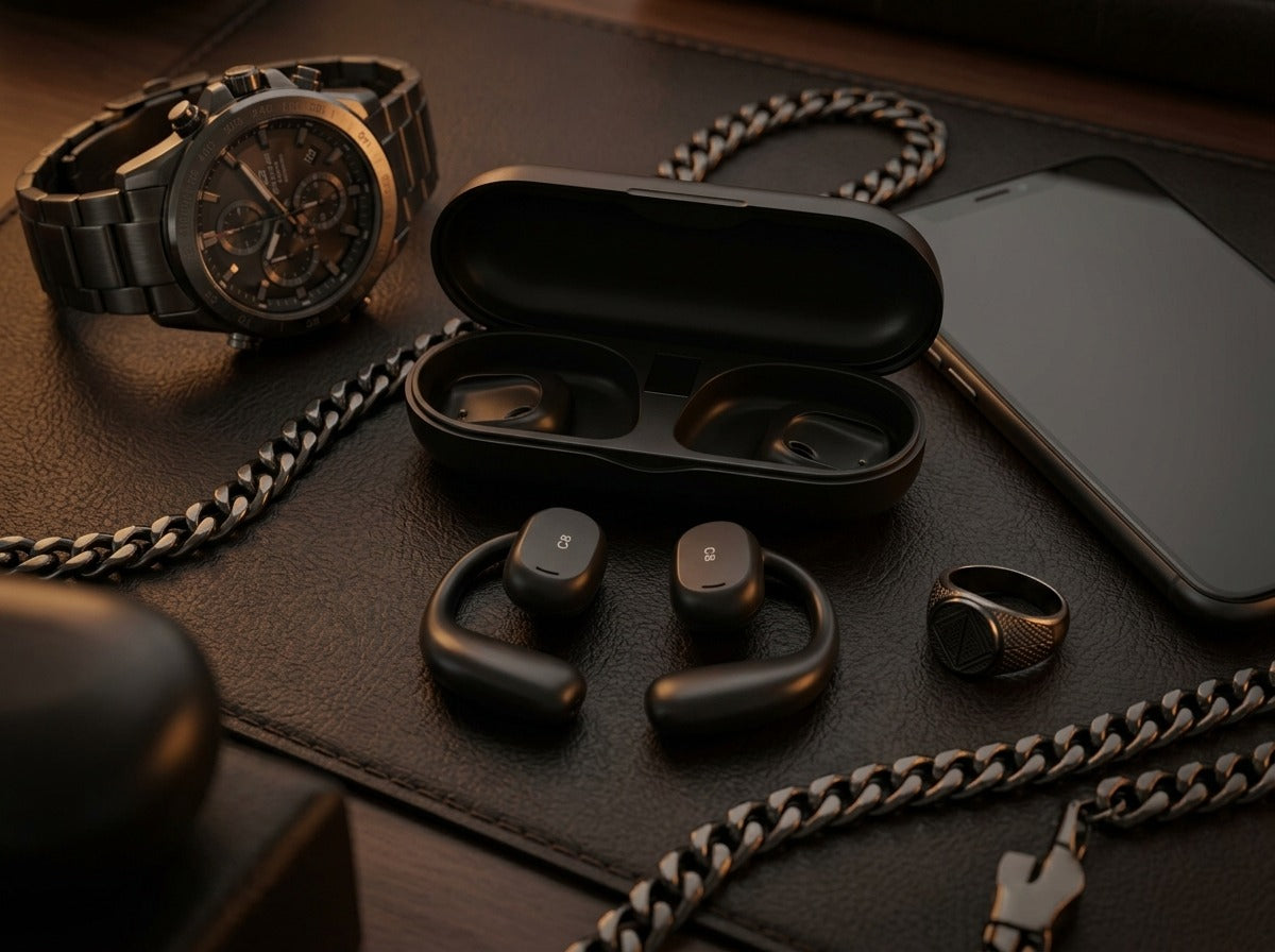 CTRL8 X29 open-ear headphones with charging case placed alongside a watch, smartphone, and accessories for a premium audio experience