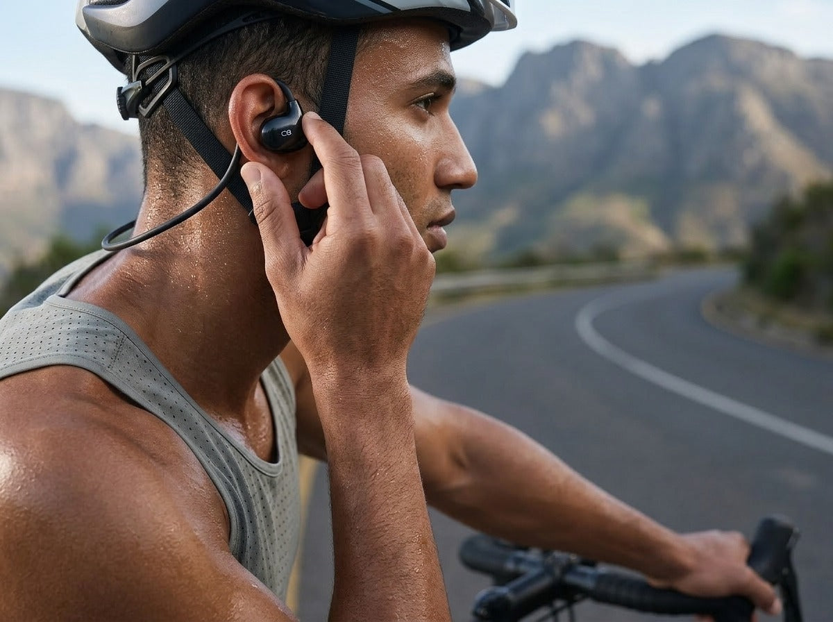 Cyclist using CTRL8 VV4 Air Bone Conduction Neckband for outdoor music and calls during a ride