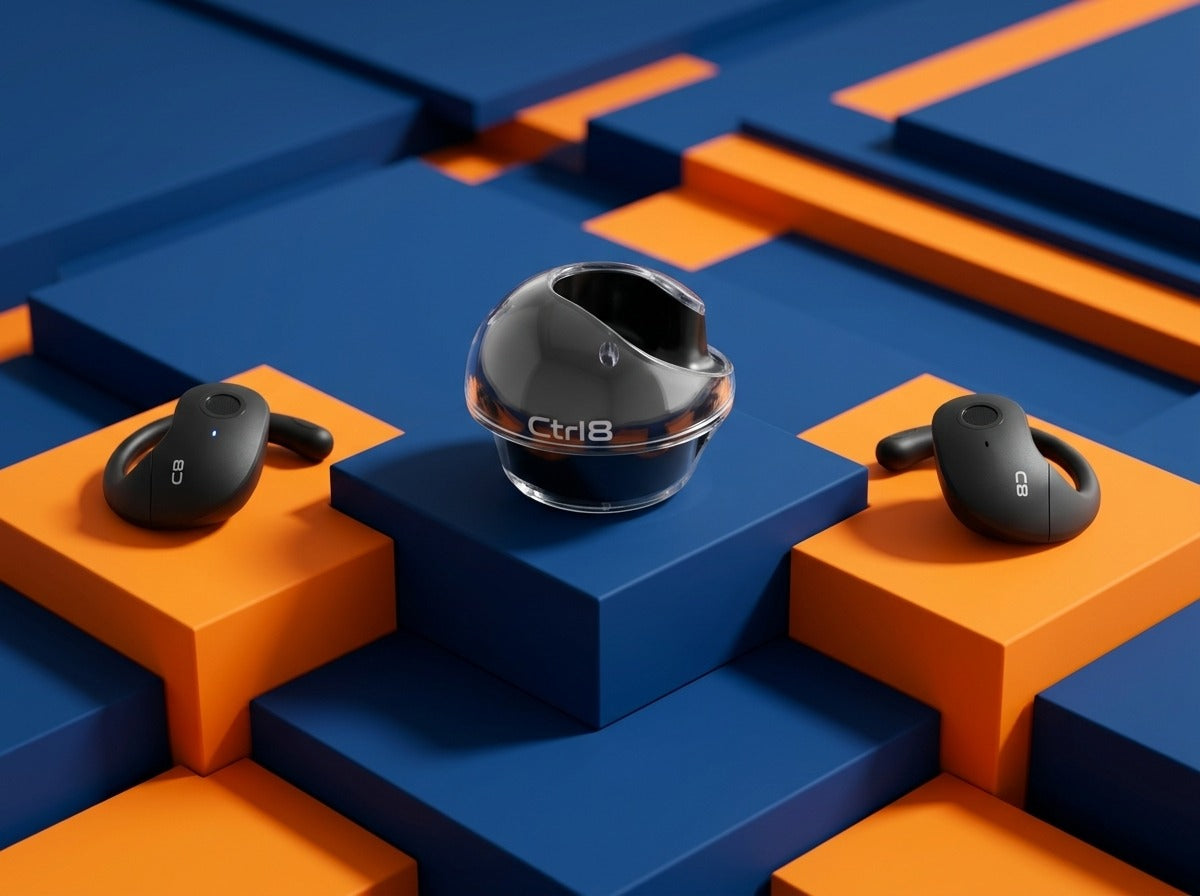 CTRL8 T2 over-the-ear earbuds with UNBLOQ technology and ergonomic design displayed on a geometric blue and orange background