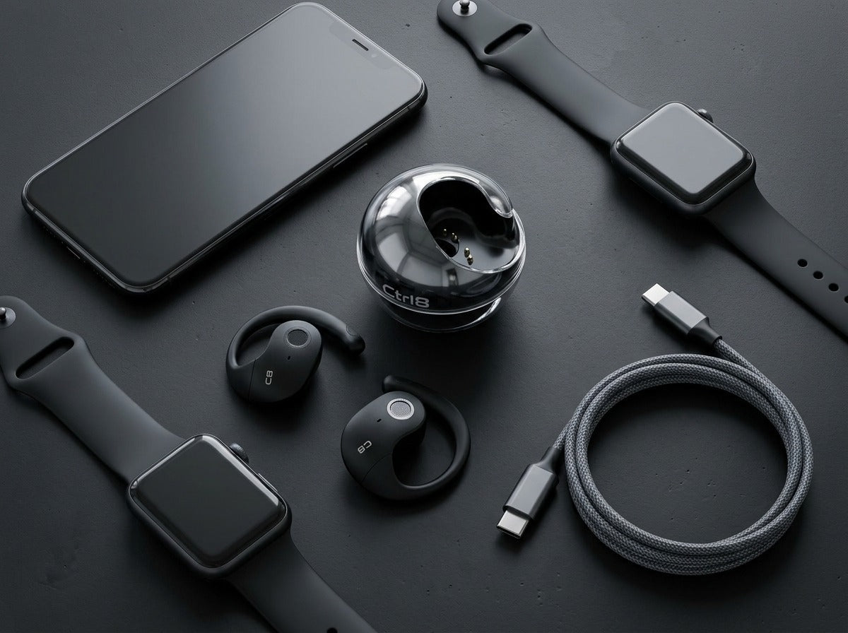 CTRL8 T2 over-the-ear earbuds with charging case displayed alongside smartwatches and accessories on a sleek black surface.