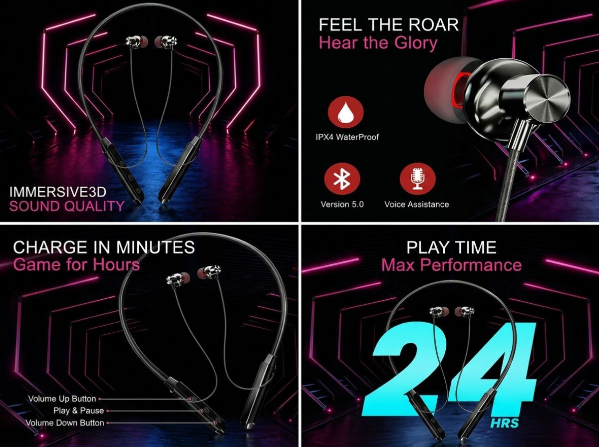Wireless Bluetooth Neckband Earphones with Deep Bass Sound