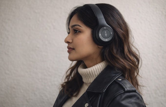 User wearing CTRL8 dual-mode wireless headphones with mic for seamless audio and calls