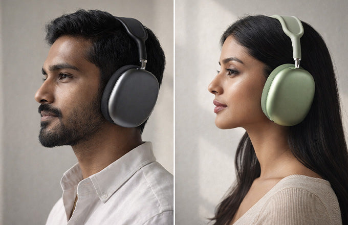 Two individuals wearing CTRL8 P9 Bluetooth headphones in black and green for immersive audio experience